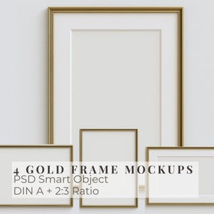 Op de afbeelding: Vier gouden frame mockups met witte passe-partouts tegen een witte muur. De frames hebben verschillende maten en vormen, waaronder rechthoekige en vierkante formaten. De tekst "4 GOLD FRAME MOCKUPS" is zichtbaar.