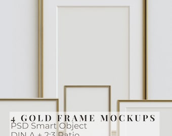 Bündel von 4 Goldrahmen Mockups, DIN A und 2: 3 Ratio Poster Mockups, dünne Goldrahmen PSD, vertikale und horizontale Kunstdruck-Display