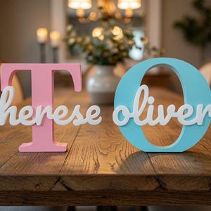 May include: A pink letter T and a light blue letter O, each featuring white cursive text attached to the front. The white text on the pink letter T reads therese, and the white text on the light blue letter O reads oliver. Both letters stand.