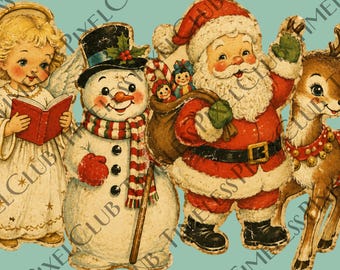 Vintage Retro Kerst Uitknipsels Set: Printbare Kerstman, Sneeuwpop, Engel, Rendier (Digitale Download) Junk Journal
