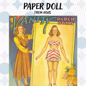 Puede incluir: Muñeca de papel vintage de la década de 1950. La portada presenta a una mujer con un vestido amarillo y otra con un atuendo a rayas rojas y blancas. El texto "Vanity Paper Dolls" se muestra en una fuente estilizada.