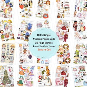 May include: A collection of 33 pages of vintage Dolly Dingle paper dolls featuring various outfits and accessories. The central text reads: Dolly Dingle Vintage Paper Dolls 33 Page Bundle Around The World Themed Easy to Cut. Each page displays illustrations of dolls with colorful clothing.