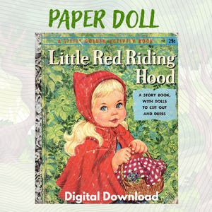 Könnte beinhalten: Ein vintage Little Red Riding Hood Aktivitätsbuch mit einem blonden Kind in einem roten Kapuzenumhang, das einen geflochtenen Korb mit einem rot-weiß karierten Tuch hält. Das Cover enthält den Text Little Red Riding Hood und A story book with dolls to cut out and dress, vor einem grünen Waldhintergrund.