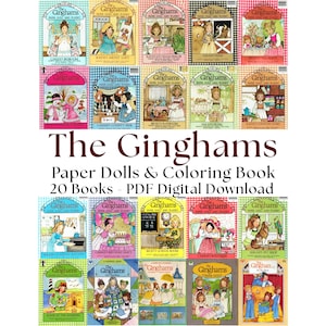 Op de afbeelding: Een collectie van 20 The Ginghams papieren poppen- en kleurboeken gepresenteerd als een digitale PDF-download. Elke omslag bevat kleurrijke illustraties van personages in verschillende omgevingen zoals een slaapkamer, boerderij en keuken met tekst.