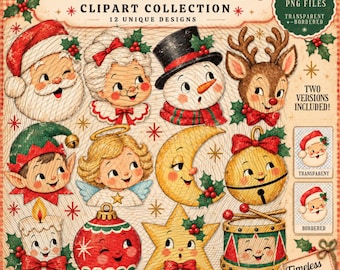 Vintage kerstclipartbundel, 12 personages uit het midden van de 20e eeuw, 24 transparante PNG's