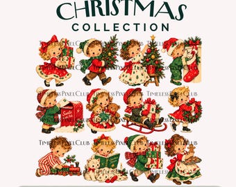 Clipart van kerstkinderen uit de jaren 50, retro vakantie-PNG's, uitgesneden afbeeldingen