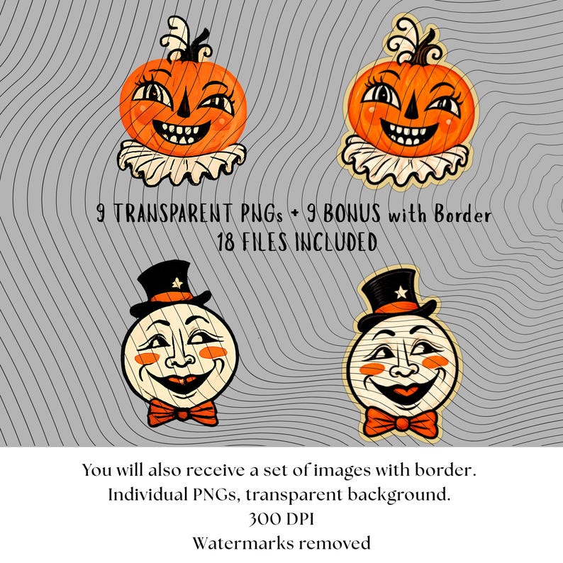 May include: A digital collection of 18 files including 9 transparent PNGs and 9 bonus images with borders. The graphics feature orange pumpkin characters with ruffled collars and white moon-like faces wearing black top hats and orange bow ties.