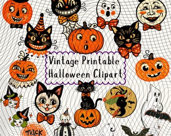 May include: A collection of vintage Halloween clipart featuring orange pumpkins, black cats, ghosts, and bats. The central text reads Vintage Printable Halloween Clipart. The illustrations are set against a white background with a black grid pattern.