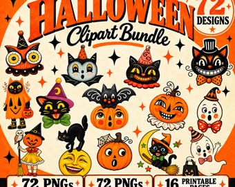 Vintage Halloween Clipart Bundel, 72 Retro Ontwerpen, 144 PNG's