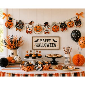 May include: A Halloween party display featuring a banner with vintage-style pumpkin and cat cutouts, a sign reading Happy Halloween, cupcakes, cookies, a jar labeled Trick or Treat, orange and black balloons, and orange paper honeycomb decor.
