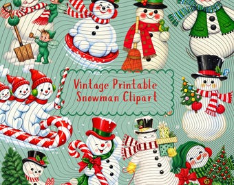 Vintage Retro Sneeuwpop Clipart Set: Printbare Kerst Uitknipsels (Digitale Download)