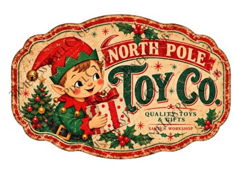 May include: An oval-shaped decorative sign featuring a cartoon elf in a green and red outfit holding a white gift box with red stripes. The text reads North Pole Toy Co. Quality Toys & Gifts Santa's Workshop. Decorated with holly and a tree.
