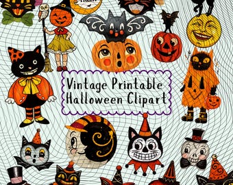May include: A collection of vintage-style Halloween clipart featuring black cats, jack-o'-lanterns, owls, and moons with faces. The central text reads Vintage Printable Halloween Clipart. The illustrations use a palette of orange, black, and yellow.