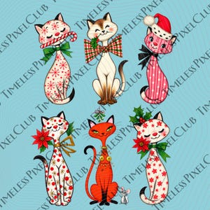 May include: Six stylised cat illustrations on a light blue background with the repeating text TIMELESS PIXEL CLUB. The cats feature festive patterns, including snowflakes, stripes, and polka dots, adorned with holly, bows, and a Santa hat.