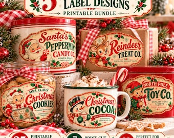 Vintage kerstetikettenpakket, 5 retro kerstontwerpen (digitale download)
