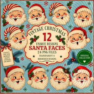 Puede incluir: Una colección digital de 12 ilustraciones de caras de Papá Noel vintage sobre un fondo azul con acebo y copos de nieve. El texto central dice VINTAGE CHRISTMAS 12 UNIQUE DESIGNS SANTA FACES 24 PNG FILES TRANSPARENT & BORDERED DESIGNS.