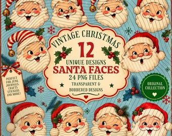 Bundel met clipart van vintage kerstmangezichten, retro kerst-PNG's