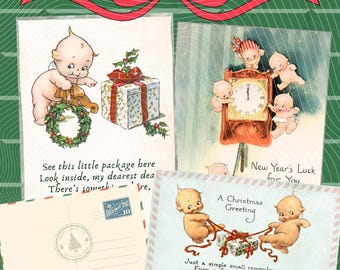 Vintage Kewpie Christmas Postcards, Holiday Scrapbooking, Junk Journal (Digital Download)
