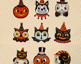May include: A collection of nine vintage-style Halloween illustrations featuring stylized characters including a jack-o'-lantern, a black cat, a skull, an owl, and a moon, all decorated with party hats, collars, and festive accessories in orange, black, and white.