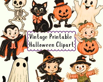 May include: A collection of vintage-style Halloween illustrations featuring a skeleton, black cat, pumpkin character, ghost, vampire, child in a pumpkin costume, ghost cat, witch with a broom, and scarecrow, with the text Vintage Printable Halloween Clipart.