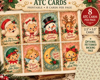 Vintage kerstkaarten van ATC om te printen, collagevel, kerstversiering voor je junk journal in mid-century stijl (digitale download)