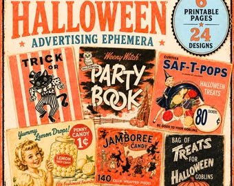 Vintage Halloween-reclame-ephemera, retro snoep- en feestetiketten, PDF JPG