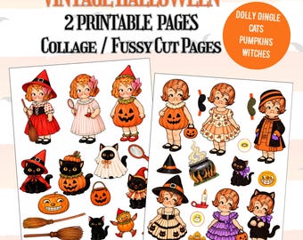 Vintage Halloween Dolly Dingle print, papieren poppetje om uit te knippen, ephemera voor je junk journal.