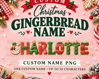 Gepersonaliseerde naam in peperkoek-PNG-formaat, kerstnaam, peperkoekletters, kerstsok- en shirtontwerp