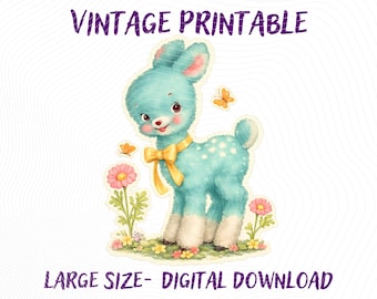 Vintage Pastel Blue Deer Illustration – Retro Nursery Wall Art (Digital Download)