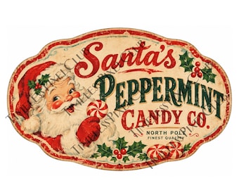 Vintage etiket van Santa Peppermint Candy Co., retro kerstblik (digitale download)