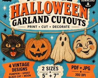 Vintage Halloween slinger uitknipsels om te printen, retro pompoen, spook, kat, maan (digitale download)