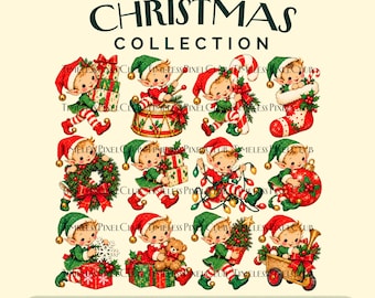 Vintage kerstelf clipart, 12 retro PNG's, uitknipbare afbeeldingen (digitale download)