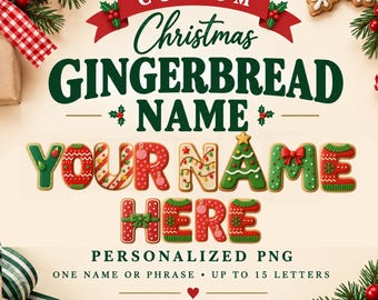 Gepersonaliseerde naam in peperkoekstijl (PNG), kerstbelettering, naamontwerp voor de feestdagen, kerstkoekletters, digitale download