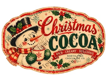 Vintage Christmas Cocoa Label, Snowman Hot Chocolate, Retro Holiday Jar & Tin Printable