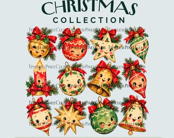 Vintage kerstornament PNG-clipart, 12 retro kerstontwerpen, printbare afbeeldingen om uit te knippen