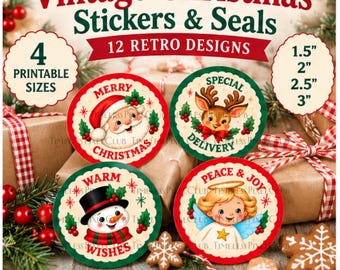 Vintage Christmas Stickers Printable, 12 Retro Round Labels & Seals, 4 Sizes, Christmas Gift Tags, Holiday Packaging, Junk Journal Ephemera