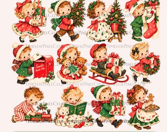 1950s Christmas Children Clipart, Retro Holiday PNGs, Fussy Cut Sheets
