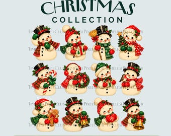 Vintage kerstsneeuwpop clipart bundel, 12 PNG-bestanden, 2 pagina's om uit te knippen en af ​​te drukken.