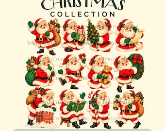 Vintage Christmas Retro Santa Clipart Collection, 12 PNGs + 2 Fussy Cut Sheets Printable