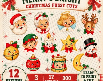 Vintage kerstfiguren om uit te knippen, 12 retro personages, 3 formaten (PDF JPG download)
