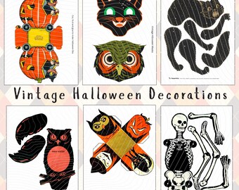 May include: A collection of printable Halloween paper crafts featuring a pumpkin box, cat and owl masks, a scaredy cat, an owl, a box with character faces, and a skeleton. The sheet includes the text Vintage Halloween Decorations.