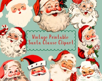 Puede incluir: Una colección de ilustraciones de Papá Noel de estilo vintage con diversas expresiones faciales, gorros rojos y barbas blancas, dispuestas alrededor de un cuadro de texto central con borde festoneado que dice Vintage Printable Santa Clause Clipart.