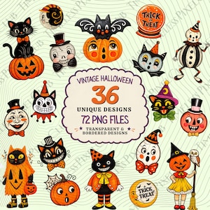 May include: A collection of vintage Halloween illustrations featuring black cats, jack-o'-lanterns, ghosts, and skeletons. The central text reads VINTAGE HALLOWEEN 36 UNIQUE DESIGNS 72 PNG FILES TRANSPARENT & BORDERED DESIGNS. Includes trick or treat motifs.
