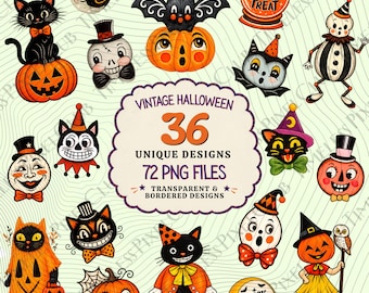 Vintage Halloween Clipart Bundel, 72 PNG's, Retro Halloween Stickers, Met Rand & Transparant, Uitgesneden Afbeeldingen, Collagebladen