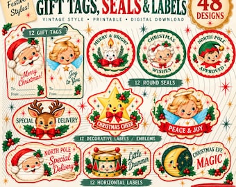 Kerstlabels, zegels en etiketten uit het midden van de 20e eeuw (48 PNG-bestanden)