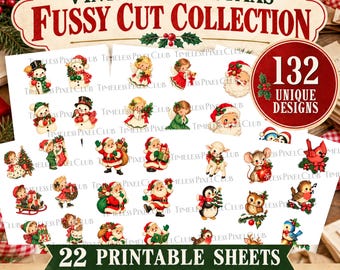 Vintage kerstprintables om uit te knippen, 132 retro kerstontwerpen, 22 JPG-vellen, ephemera voor junk journals, scrapbooking en papierknutselwerk