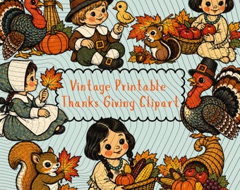 Pacchetto di clipart vintage per il Giorno del Ringraziamento: tacchino retrò, bambini pellegrini, scoiattolo (download digitale)