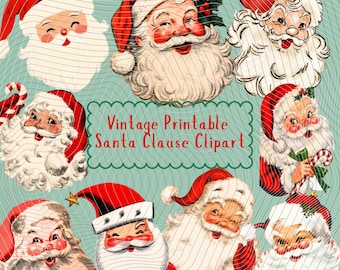 May include: A collection of vintage-style Santa Claus illustrations featuring various expressions, red hats, and white beards on a light green background with a wavy pattern. The center text reads: Vintage Printable Santa Clause Clipart.