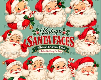 May include: A collection of nine illustrations of Santa Claus faces with red hats, white beards, and holly accents. The central text reads Vintage SANTA FACES 9 Retro Christmas PNGs + Printable Fussy Cut Page on a light green background.