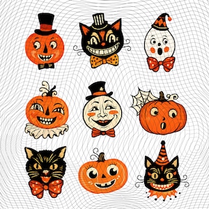 May include: A collection of nine vintage-style Halloween stickers featuring orange pumpkins, black cats, and a white ghost. Each character wears festive accessories like top hats, bow ties, and party hats, all set against a white grid background.